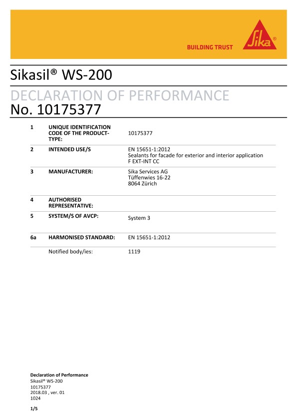 CE DOP  - SIKASIL®WS-200  -  EN 15651-1：2012