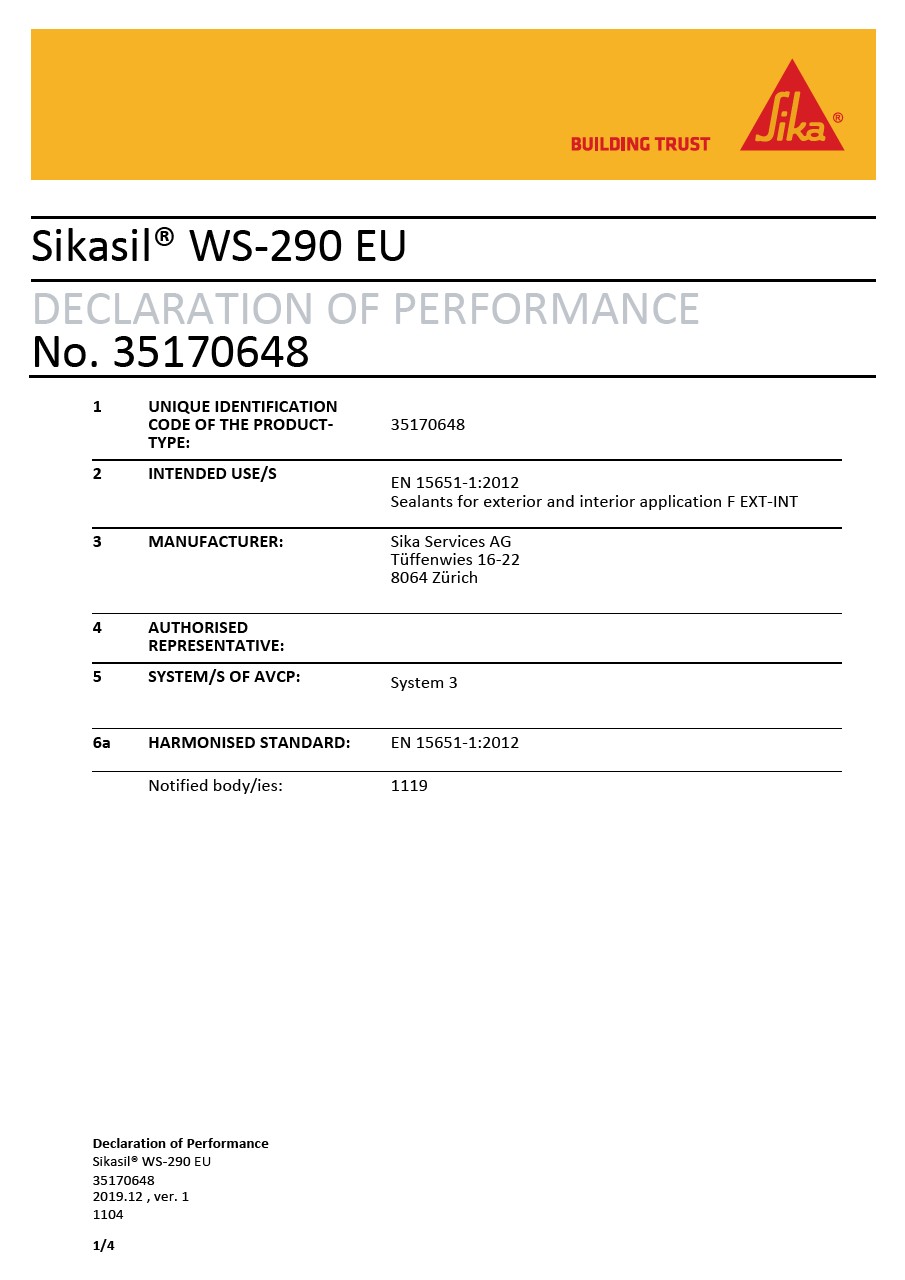CE DOP  - SIKASIL®WS-290 EU  -  EN 15651-1：2012