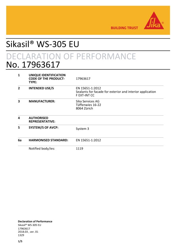 CE DOP  - SIKASIL®WS-305 EU  -  EN 15651-1：2012