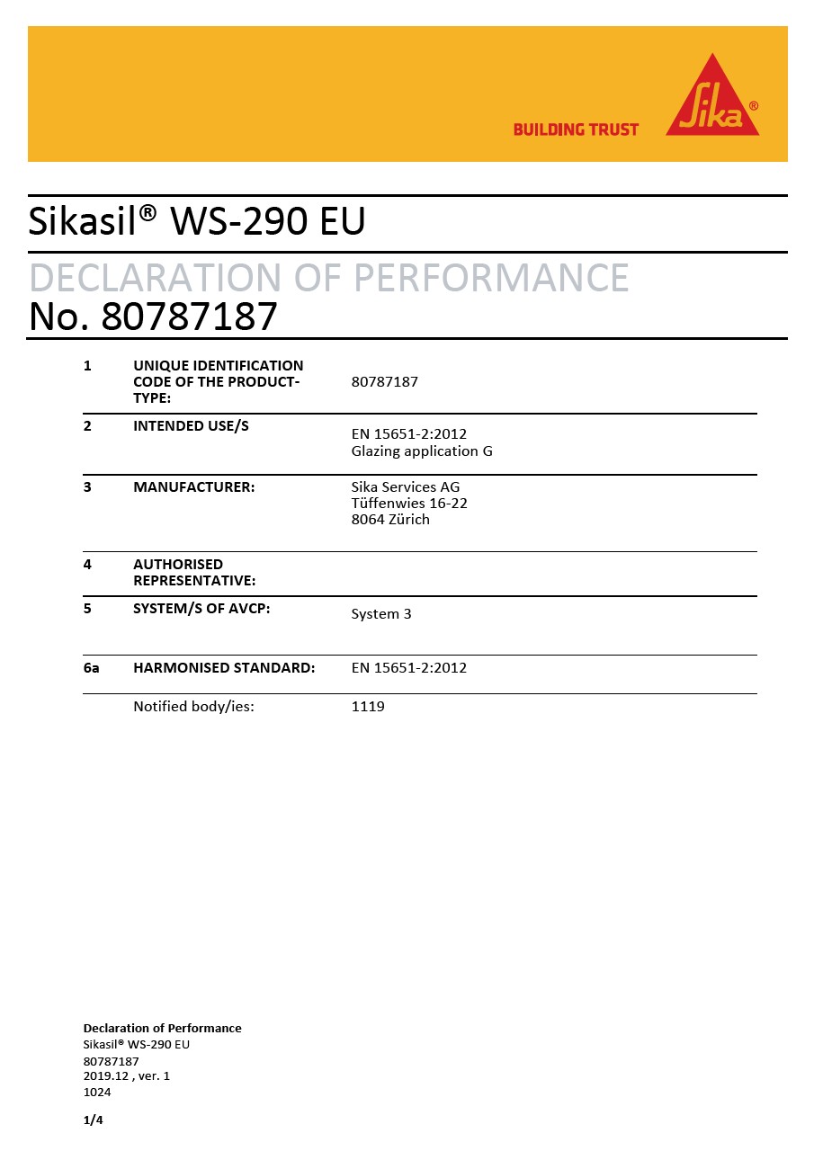 CE DOP  - SIKASIL®WS-290 EU  -  EN 15651-2：2012