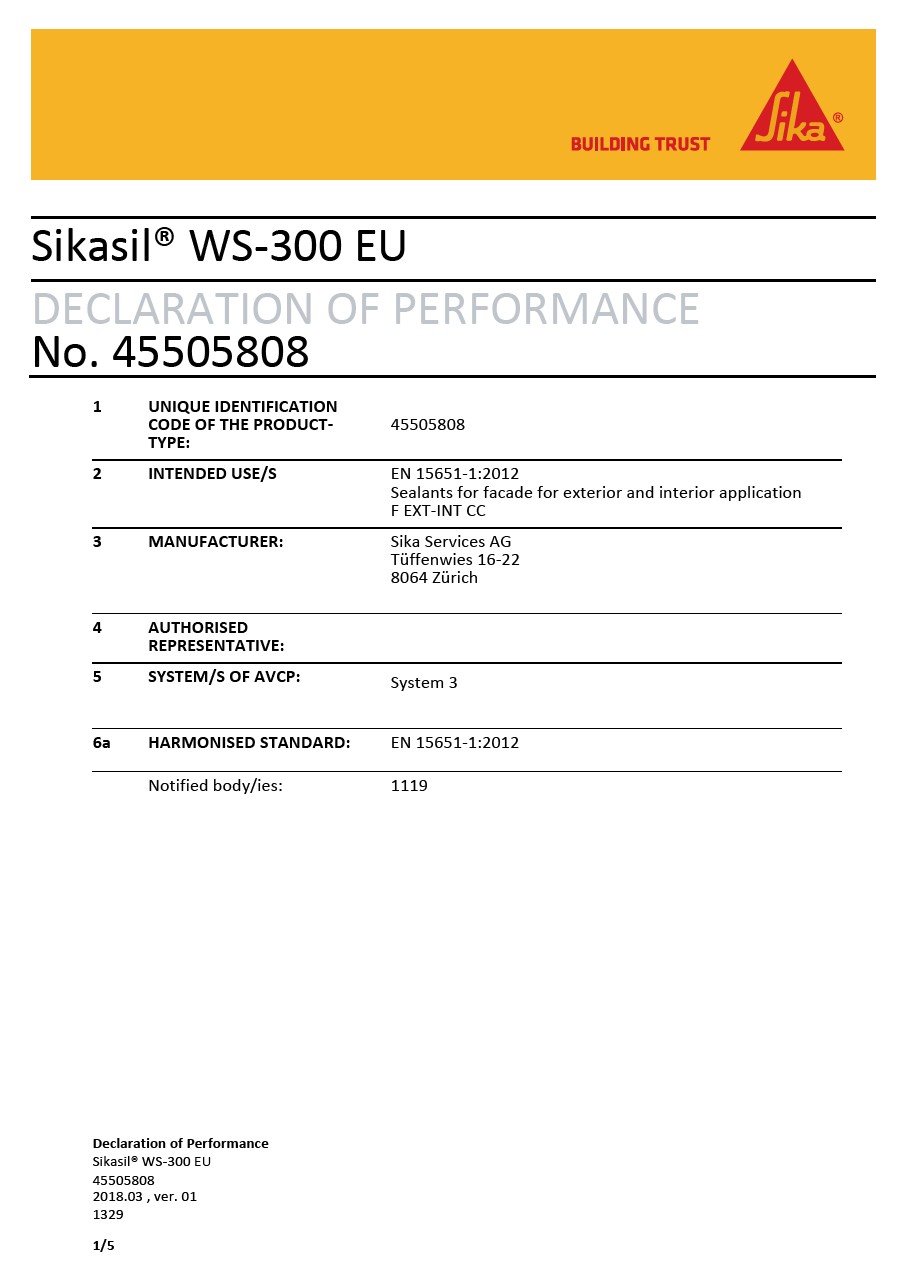 CE DOP  - SIKASIL®WS-300 EU  -  EN 15651-1：2012