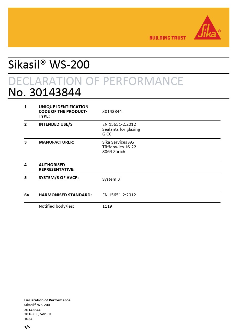 CE DOP  - SIKASIL®WS-200  -  EN 15651-2：2012